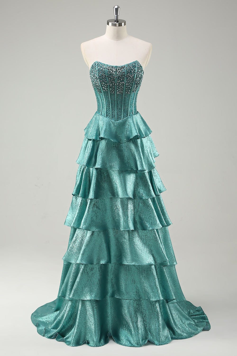 Beaded A Line Tiered Corset Strapless Peacock Green Prom Dress