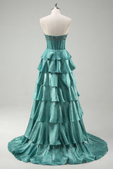 Beaded A Line Tiered Corset Strapless Peacock Green Prom Dress