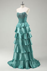 Beaded A Line Tiered Corset Strapless Peacock Green Prom Dress