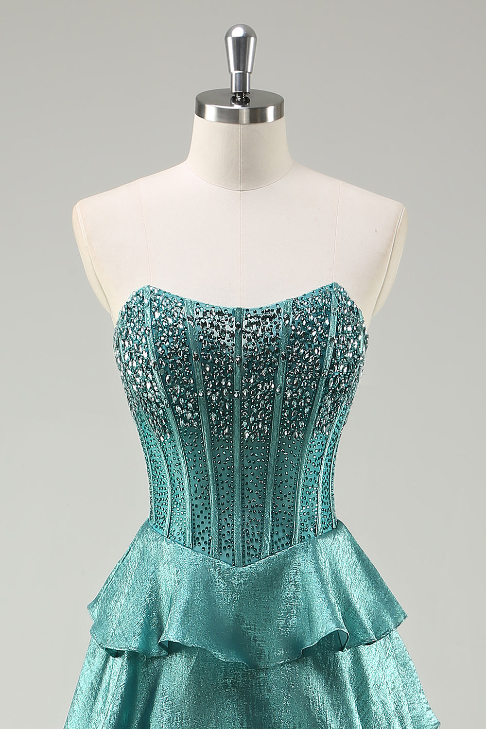 Beaded A Line Tiered Corset Strapless Peacock Green Prom Dress