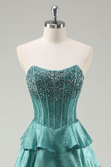 Beaded A Line Tiered Corset Strapless Peacock Green Prom Dress