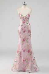 Sequins Mermaid Spaghetti Straps Pink Prom Dress with Appliques