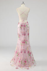 Sequins Mermaid Spaghetti Straps Pink Prom Dress with Appliques