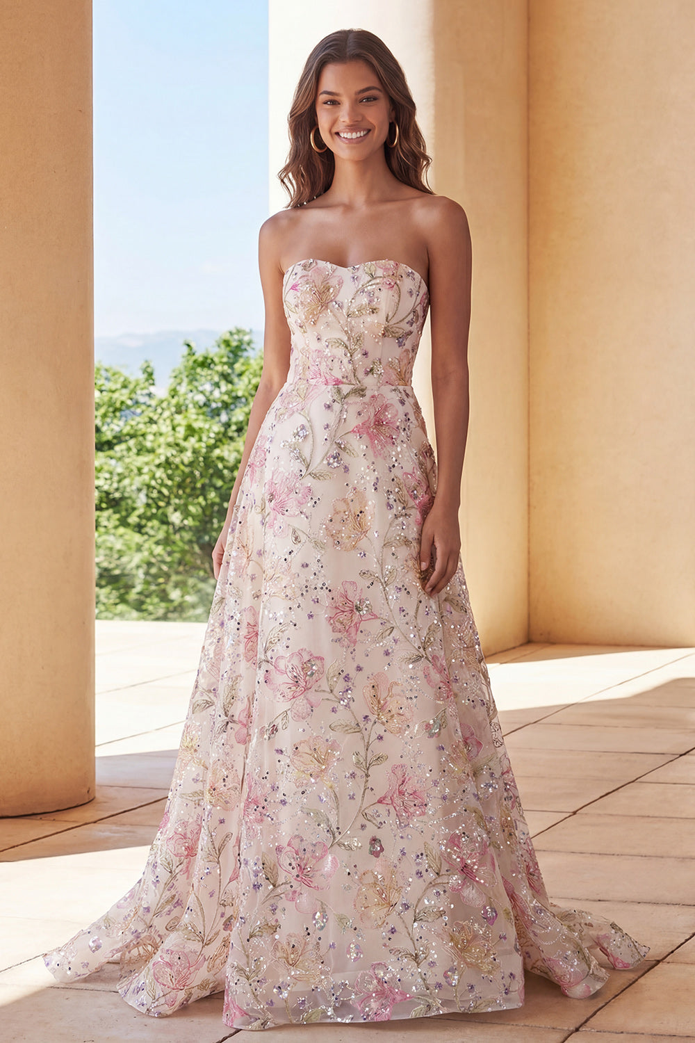 Sparkly Pink A-Line Strapless Sequin Floral Long Prom Dress