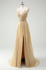 Glitter A Line Corset Gold Prom Dress with Slit