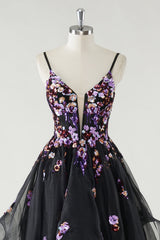 Black Sequined Corset Spaghetti Straps A Line Tulle Prom Dress