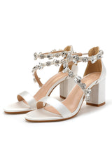 Rhinestone White Chunky High Heel Sandals