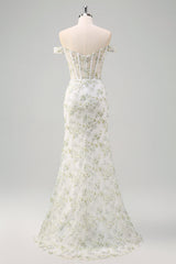 Light Green Floral Embroidery Corset Off the Shoulder Mermaid Prom Dress with Slit
