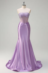 Beaded Lilac Corset Strapless Mermaid Satin Prom Dress