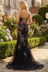 Black Sequined Lace-up Back Mermaid Tulle Prom Dress
