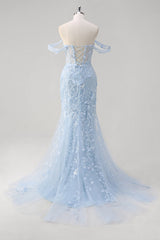 Blue Off the Shoulder Corset Mermaid Prom Dress with Appliques