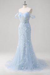 Blue Off the Shoulder Corset Mermaid Prom Dress with Appliques