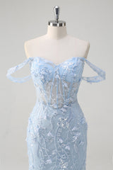 Blue Off the Shoulder Corset Mermaid Prom Dress with Appliques