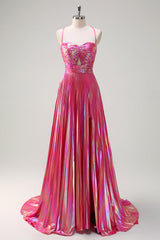 Metallic Fuchsia A Line Pleated Keyhole Floor Length Prom Dress with Slit