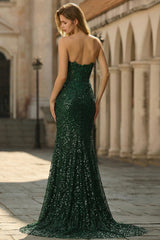 Sparkly Dark Green Ruched Corset Floor Length Prom Dress with Slit