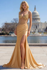 Satin Mermaid Gloden Sequined Corset Prom Dress with Slit