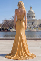Satin Mermaid Gloden Sequined Corset Prom Dress with Slit