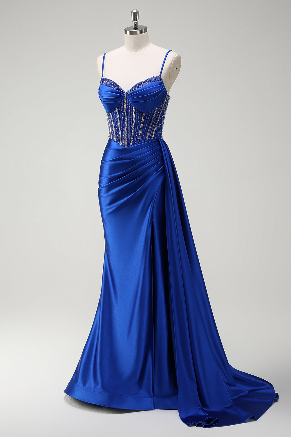 Royal Blue Mermaid Beaded Corset Prom Dress with Sash