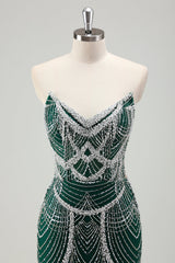 Luxury Dark Green Beading Strapless Mermaid Prom Dress