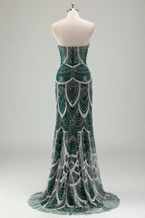 Luxury Dark Green Beading Strapless Mermaid Prom Dress