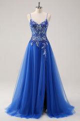 Elegant Royal Blue A Line Tulle Slit Prom Dress with Appliques