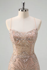 Champagne Tulle Sequined Mermaid Prom Dress with Lace-up Back