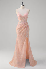 Sparkly Blush Mermaid Corset Sequined Prom Dress with Slit