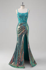Sparkly Peacock Green Mermaid Slit Floor Length Prom Dress