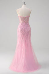 Sparkly Pink Sequined Tulle Mermaid Prom Dress