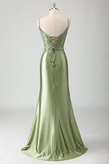 Sage Sequined Satin Mermaid Prom Dress with Lace-up Back