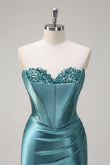 Grey Green Sequined Strapless Corset Mermaid Prom Dress with Slit