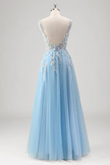 Light Blue A Line Backless Tulle Slit Sequined Prom Dress with Appliques
