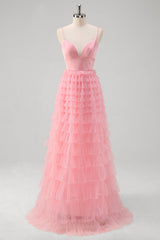 Pink Spaghetti Strpas Tiered Tulle A Line Prom Dress