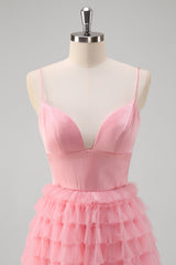 Pink Spaghetti Strpas Tiered Tulle A Line Prom Dress