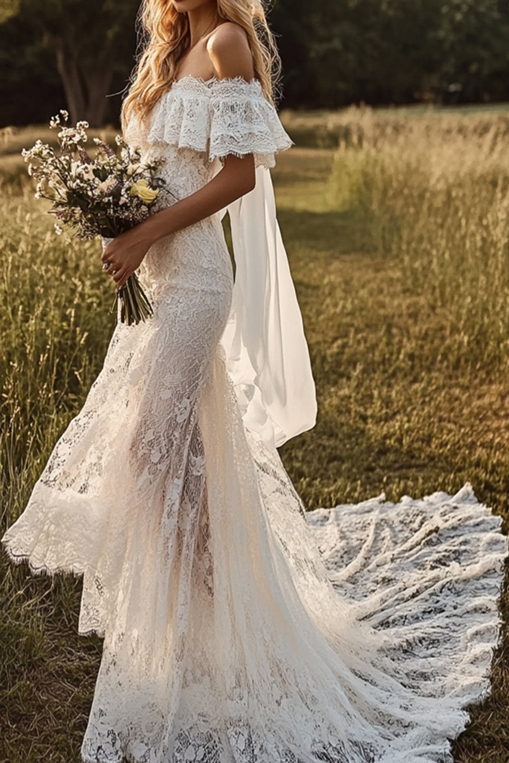 Romantic Ivory Off the Shoulder Lace Wedding Dress