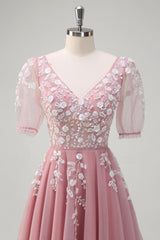A Line V Neck Sequined Appliqued Tulle Blush Prom Dress with Short Sleeves