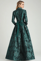 Dark Green Jacquard A Line 3/4 Sleeve Slit Mother of the Bride Dress with Belt