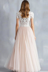 Light Pink A Line Tulle Lace Bridesmaid Dress with Short Sleeves