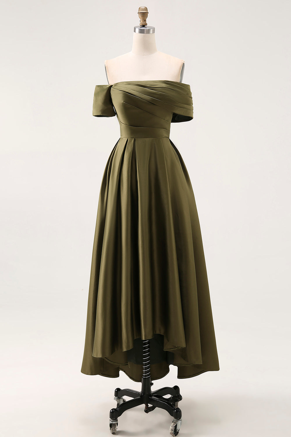 Off the Shoulder A Line Tea Length Satin Olive Mother of the Bride Dress