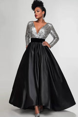 Black Silver V Neck Sequin Mother of the Bride Dress with Long Sleeves