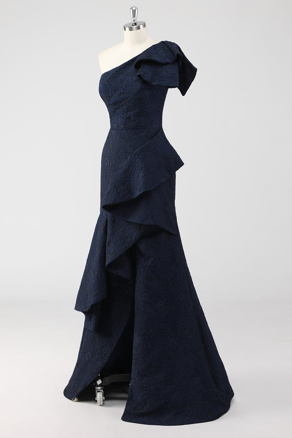 Navy Satin Jacquard One Shoulder Ruffle Mermaid Formal Dress