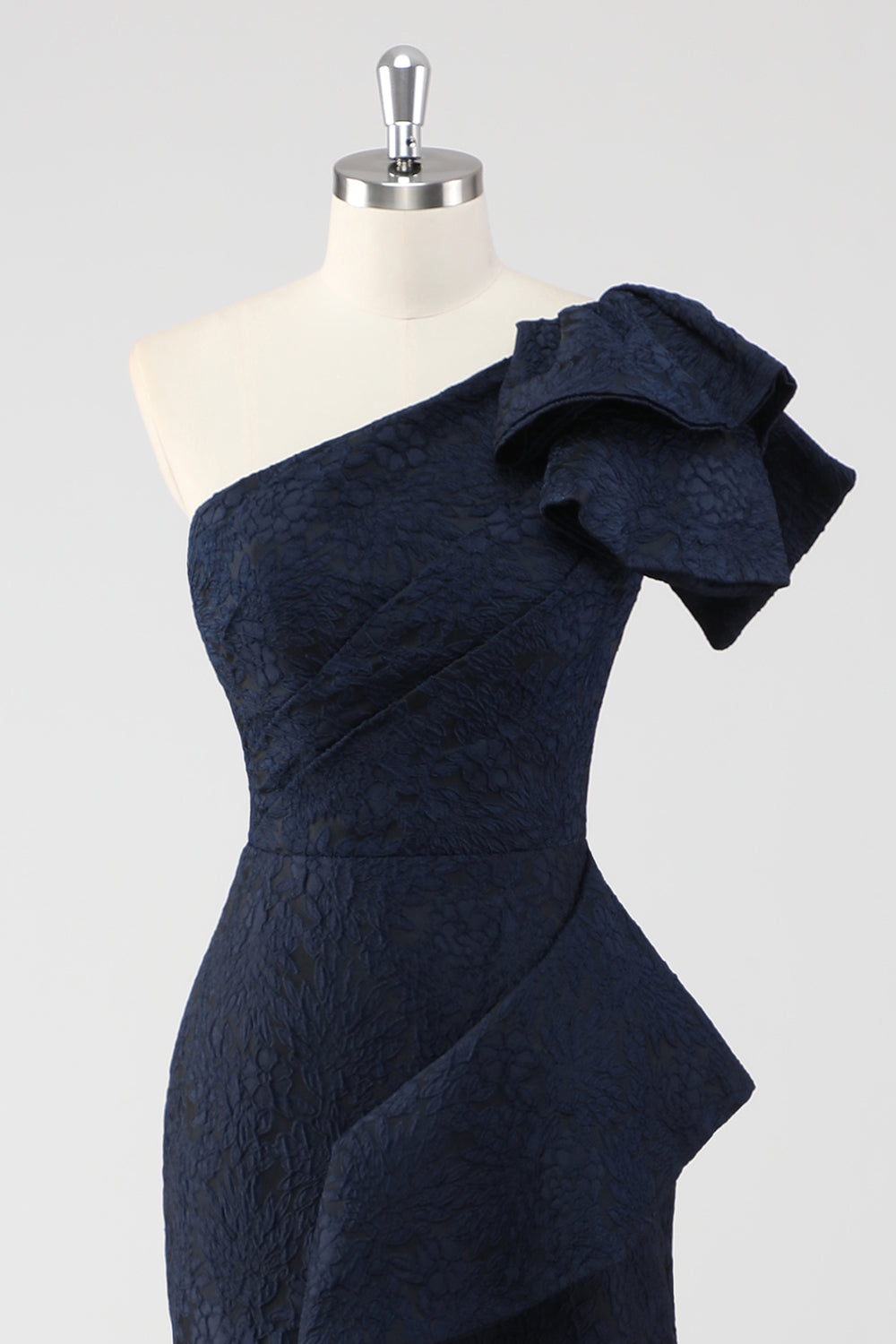 Navy Satin Jacquard One Shoulder Ruffle Mermaid Formal Dress