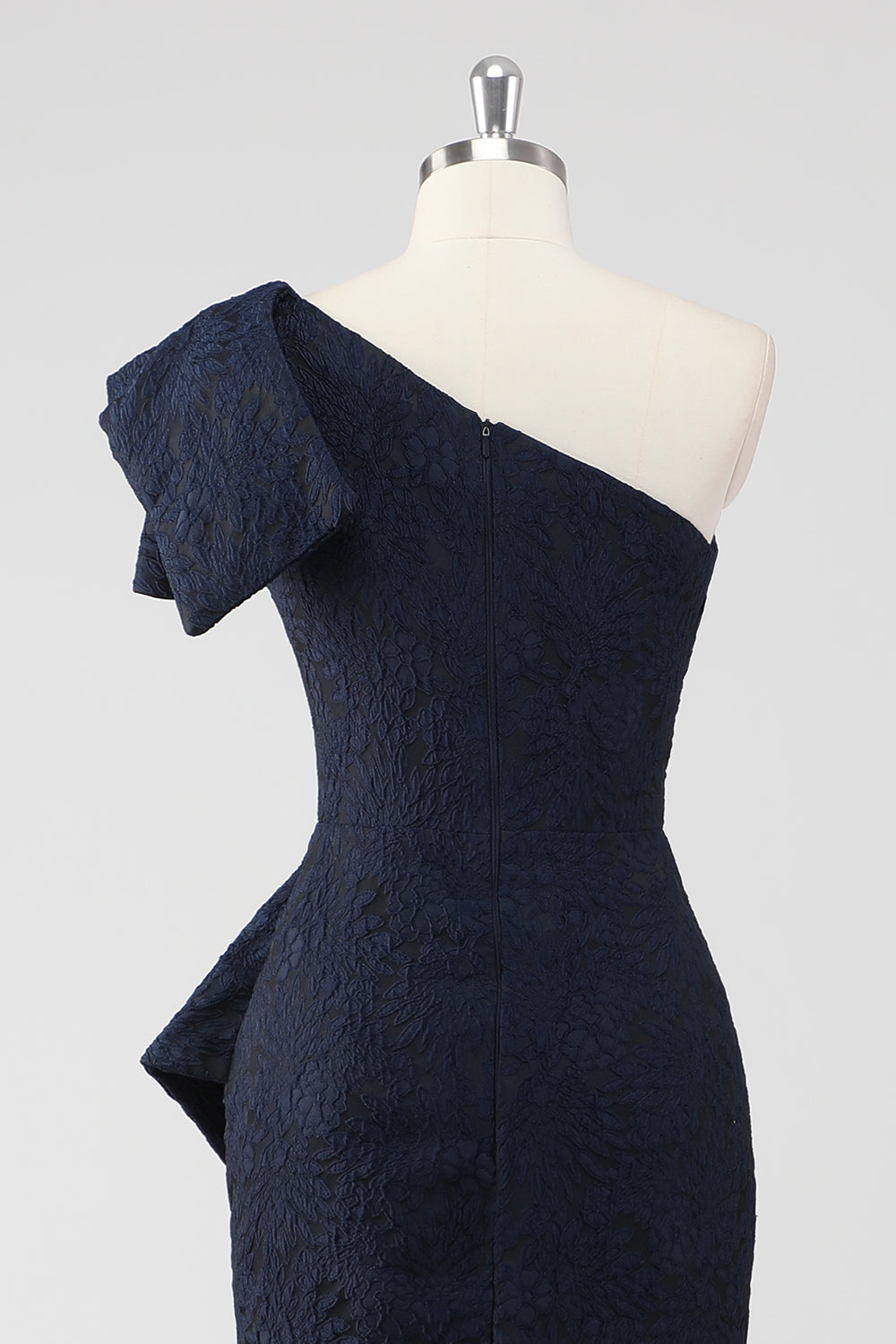 Navy Satin Jacquard One Shoulder Ruffle Mermaid Formal Dress
