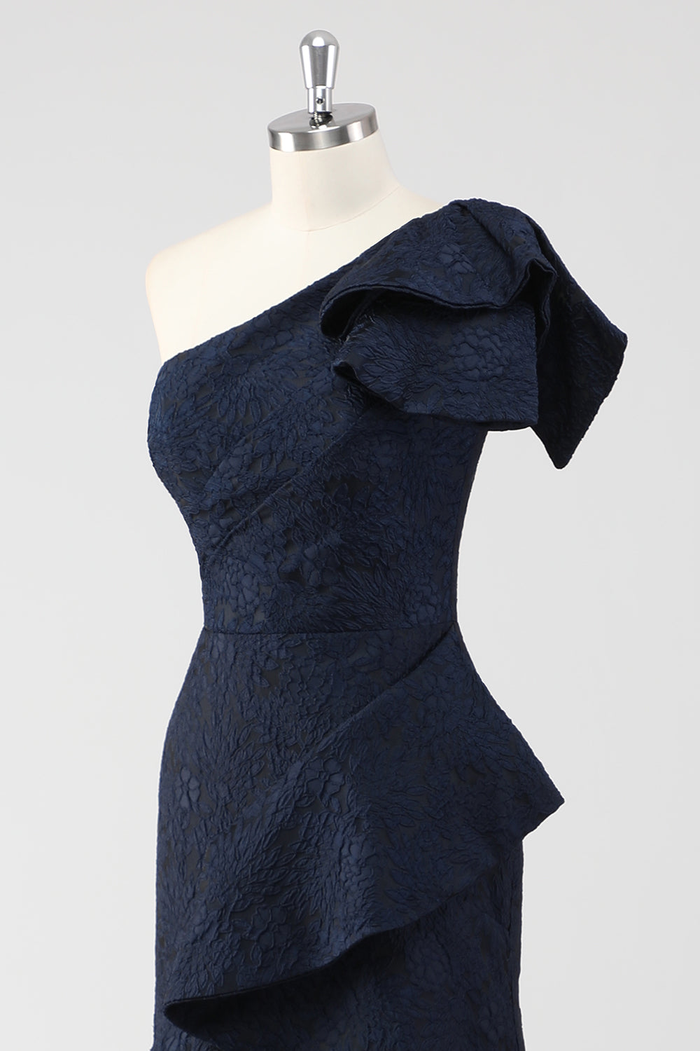 Navy Satin Jacquard One Shoulder Ruffle Mermaid Formal Dress