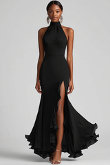 Black Halter Mermaid Formal Dress with Ruffle Hem