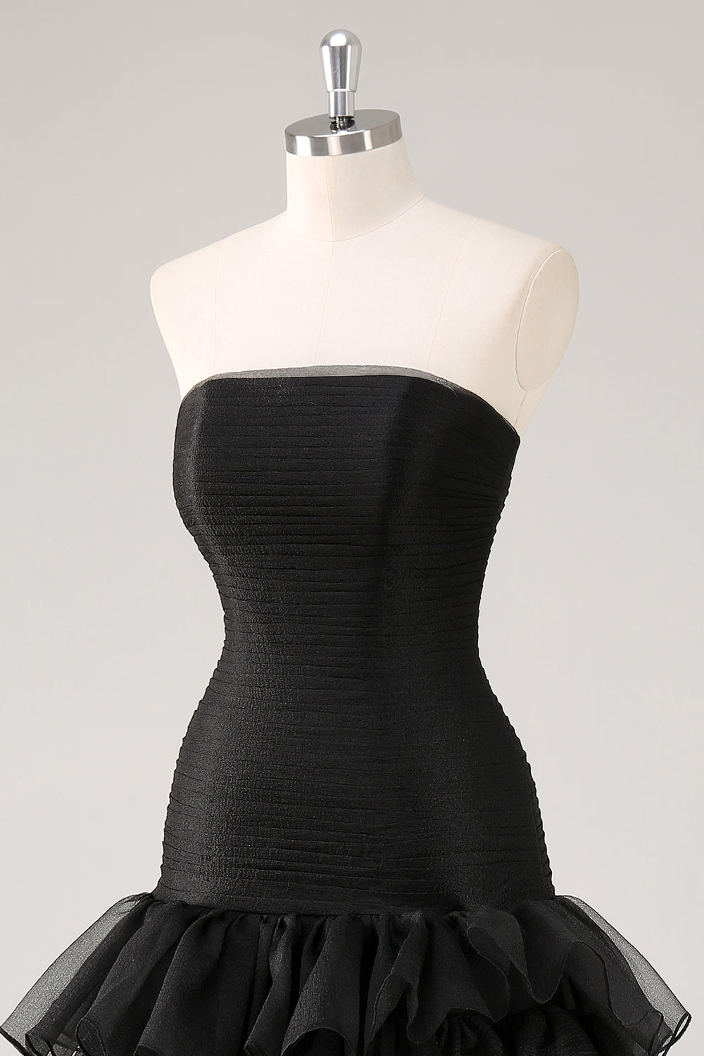 Tiered Strapless Ruffled Black Formal Dress with Slit