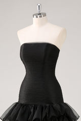 Tiered Strapless Ruffled Black Formal Dress with Slit