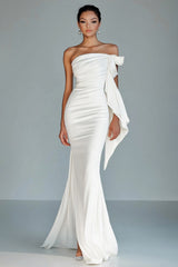 White Strapless Mermaid Ruffled Formal Dress