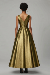 Sparkly Dark Gold A-Line V Neck Ruched Ankle Length Formal Dress