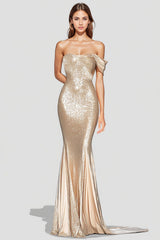 Sparkly Mermaid Champagne Off Shoulder Pleated Formal Dress with Sequins